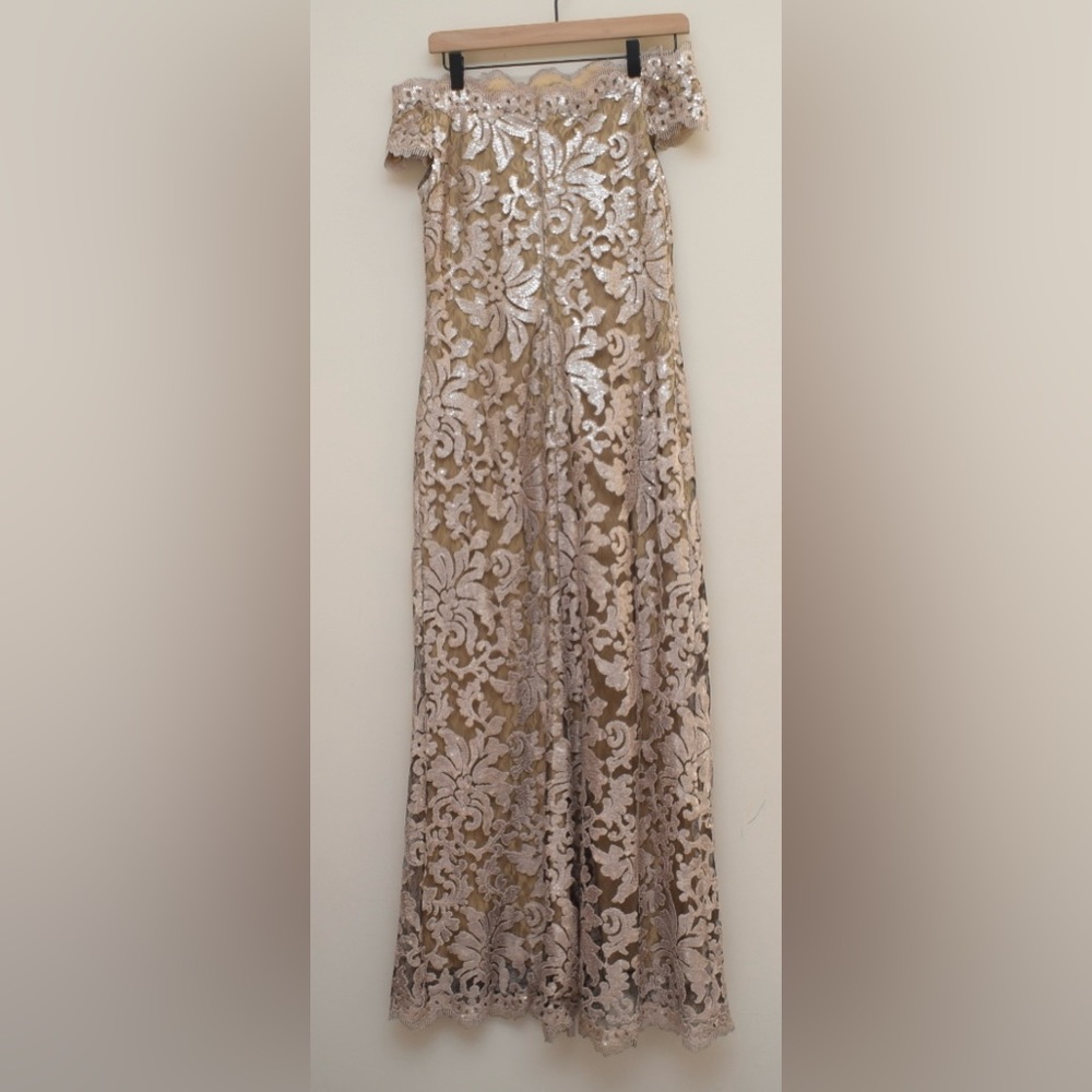 BHLDN Tadashi Shoji Odette Gold Sequin Boatneck Lace Overlay Full Length Dress - Picture 4 of 8
